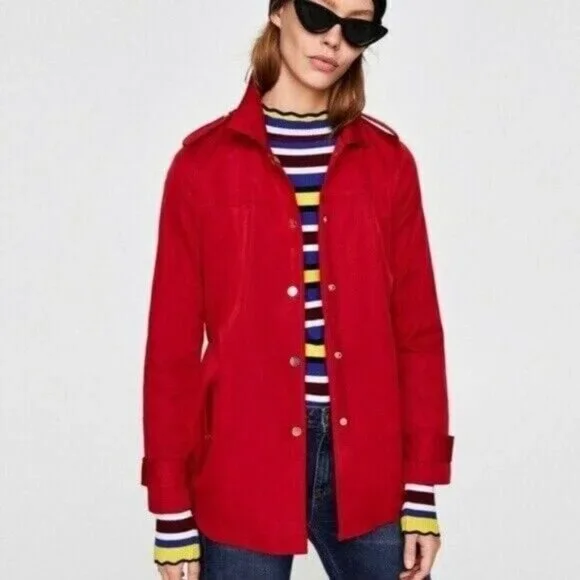 Zara Basic Red Zafari Jacket with Belt Size Medium Pre-owned - Picture 3 of 9